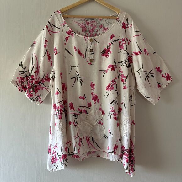 100% Lin Blanc Womens Linen Floral Tunic Top Coastal Lagenlook Boho‎ Size 42 2XL - Picture 1 of 8